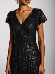 Jolie Moi Black Sequin V-Neck Fit & Flare Maxi Dress - Image 3 of 6