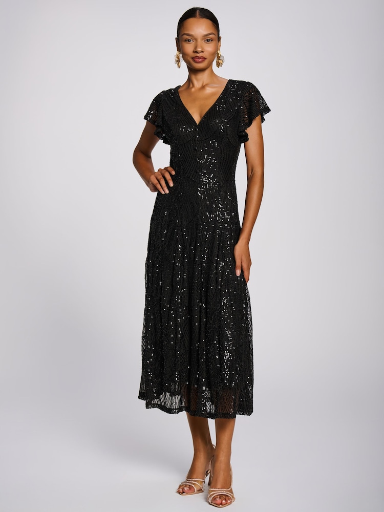 Jolie Moi Black Sequin V-Neck Fit & Flare Maxi Dress - Image 6 of 6 Jolie Moi Black Sequin V-Neck Fit & Flare Maxi Dress - Image 6 of 6