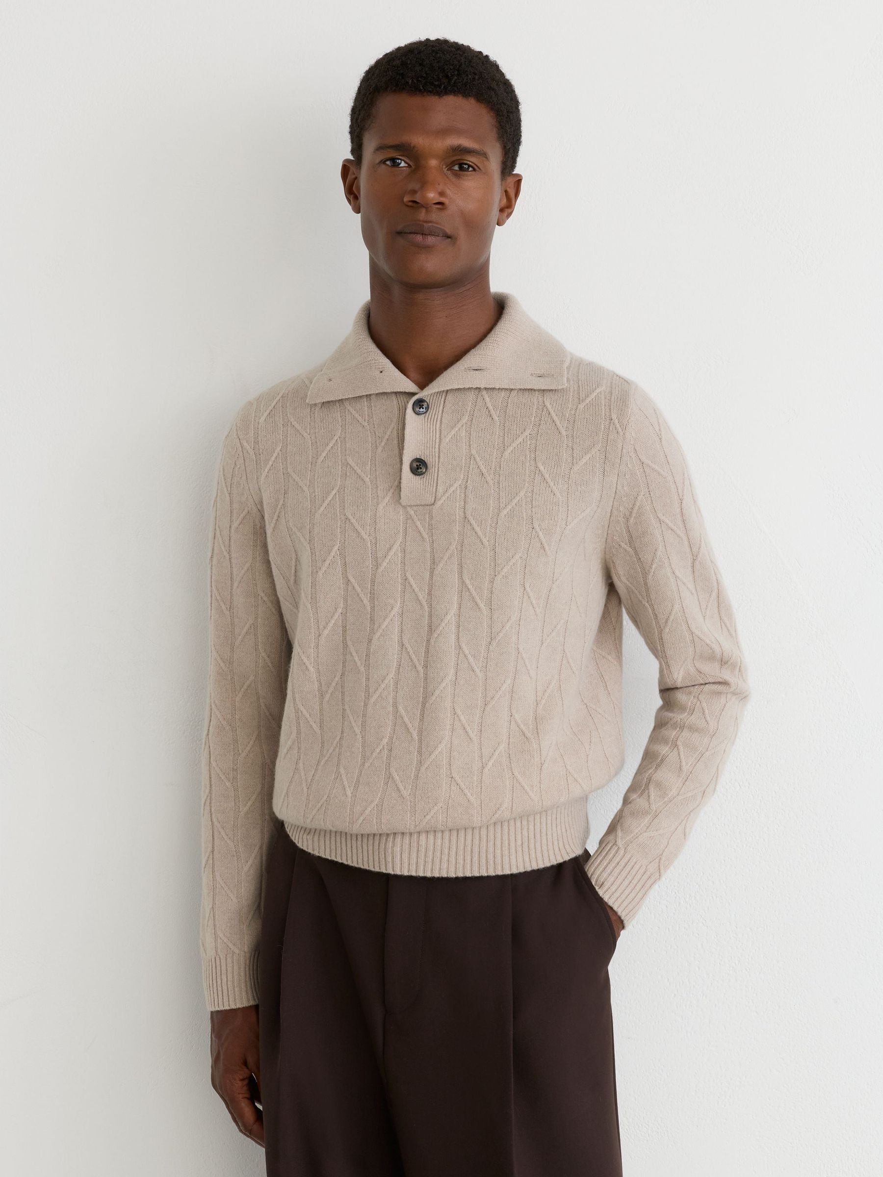 Buy Reiss Oatmeal Littleton Wool Stitch-Detail Half-Button Jumper