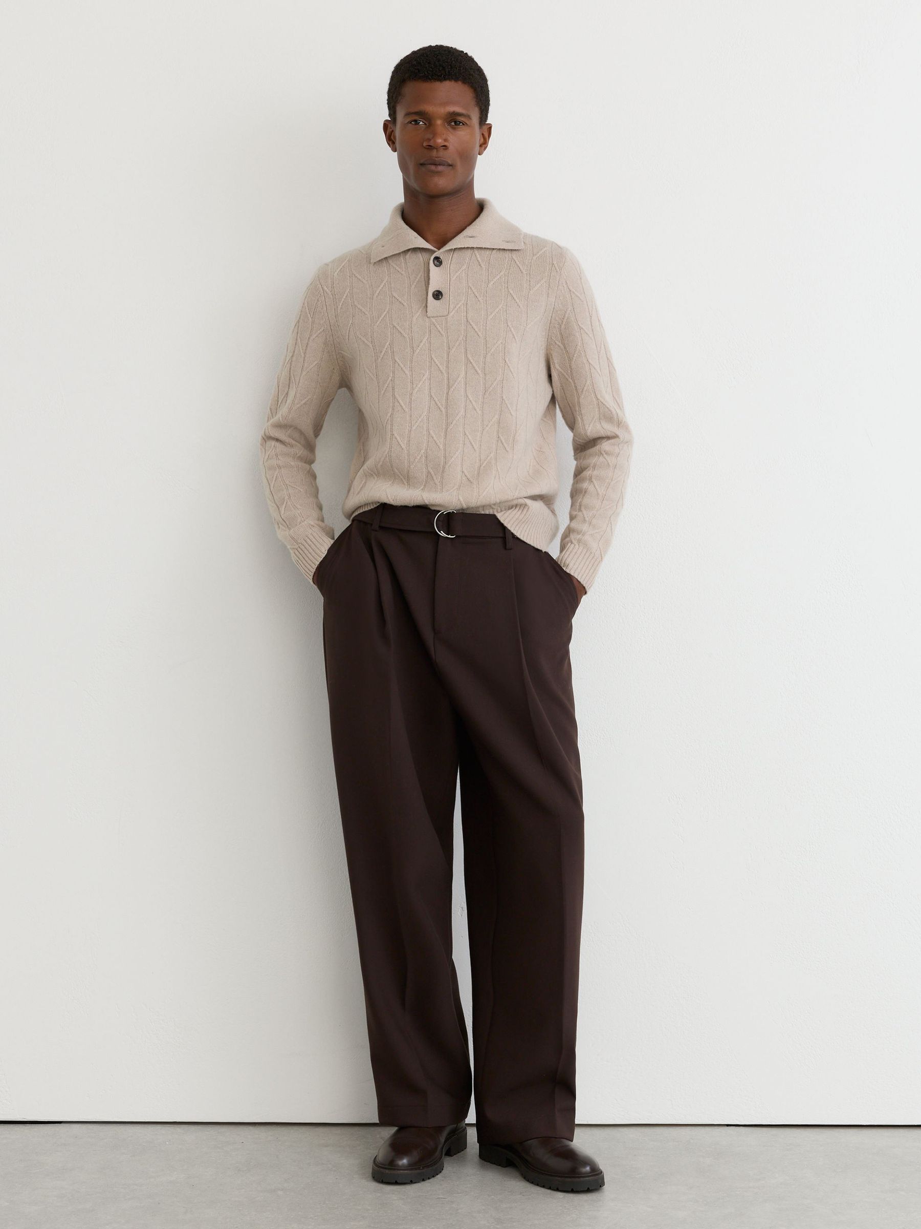 Buy Reiss Oatmeal Littleton Wool Stitch-Detail Half-Button Jumper
