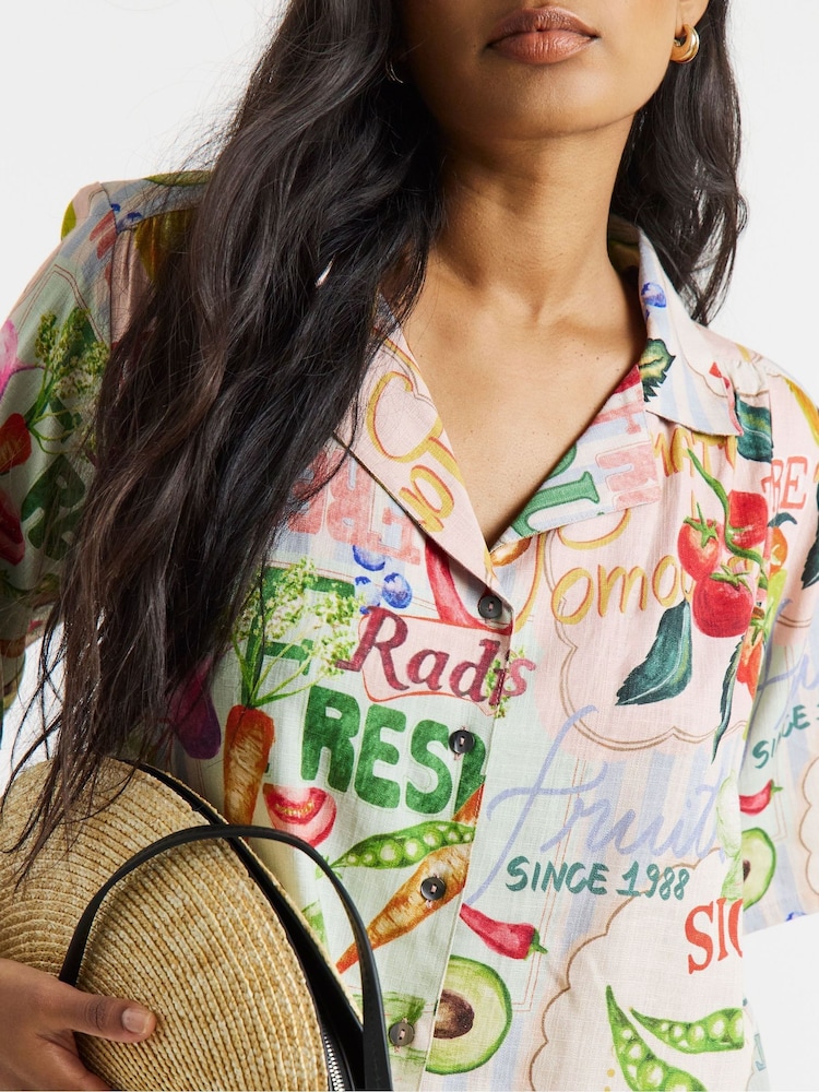 Simply Be White Linen Postcard Print Shirt - Image 4 of 4 Simply Be White Linen Postcard Print Shirt - Image 4 of 4