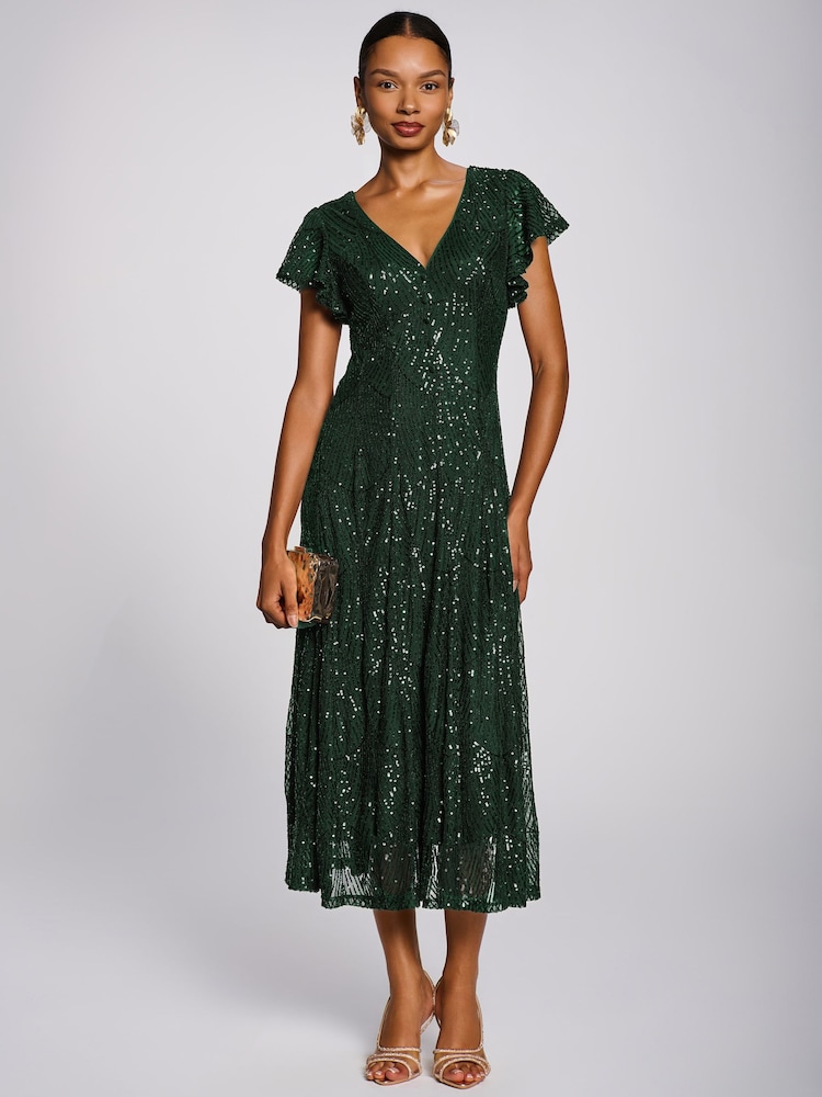 Jolie Moi Green Sequin V-Neck Fit & Flare Maxi Dress - Image 1 of 6 Jolie Moi Green Sequin V-Neck Fit & Flare Maxi Dress - Image 1 of 6