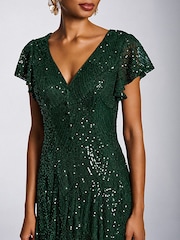 Jolie Moi Green Sequin V-Neck Fit & Flare Maxi Dress - Image 3 of 6