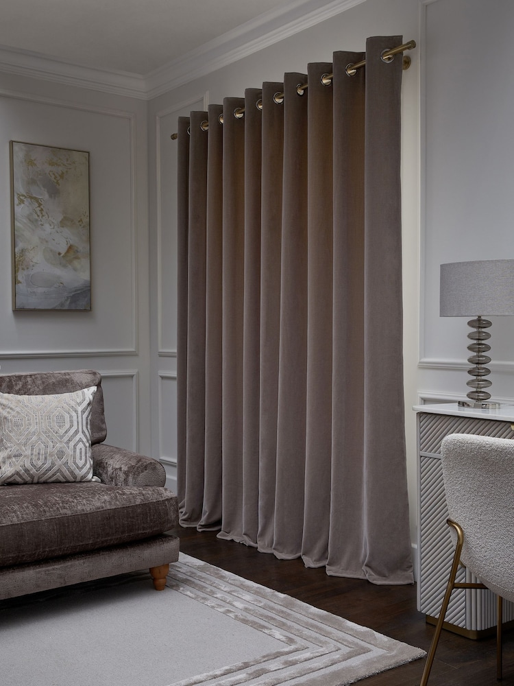 Mink Natural Sumptuous Velvet Eyelet Lined Curtains - Image 2 of 5