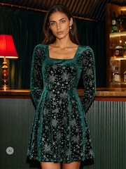 Yumi Green Starburst Foil Skater Dress - Image 1 of 4
