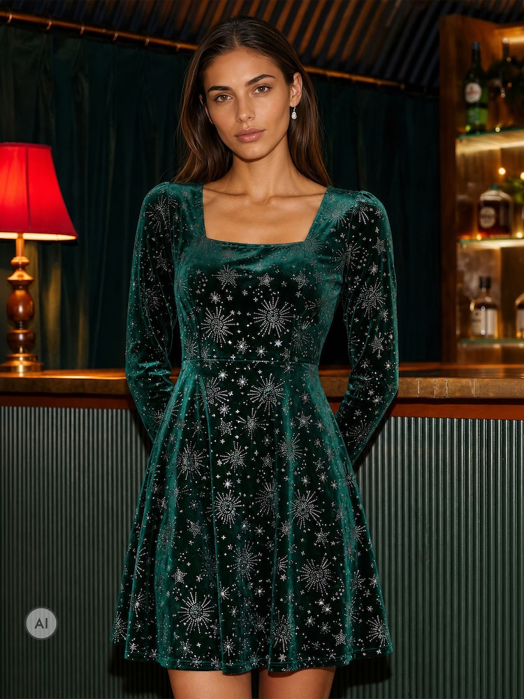 Yumi Green Starburst Foil Skater Dress - Image 1 of 4 Yumi Green Starburst Foil Skater Dress - Image 1 of 4