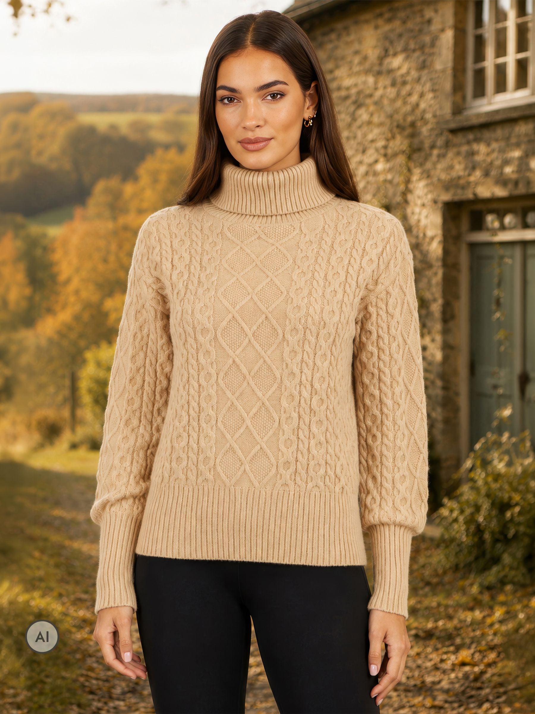 Yumi Women's Cream Cable Knit Roll Neck Jumper