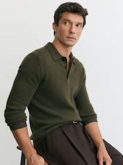 Reiss Dark Olive Daunton 100% Cashmere Half-Button Polo Jumper - Image 1 of 7