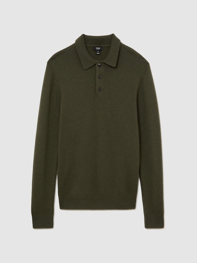 Reiss Dark Olive Daunton 100% Cashmere Half-Button Polo Jumper - Image 2 of 7