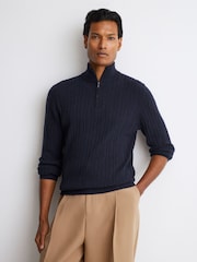 Reiss Navy Howard Cashmere Cable-Knit Half-Zip Jumper - Image 1 of 6