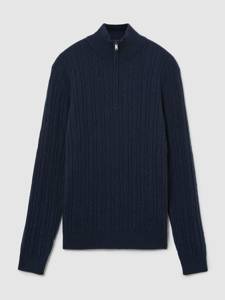 Reiss Navy Howard Cashmere Cable-Knit Half-Zip Jumper - Image 2 of 6 Reiss Navy Howard Cashmere Cable-Knit Half-Zip Jumper - Image 2 of 6