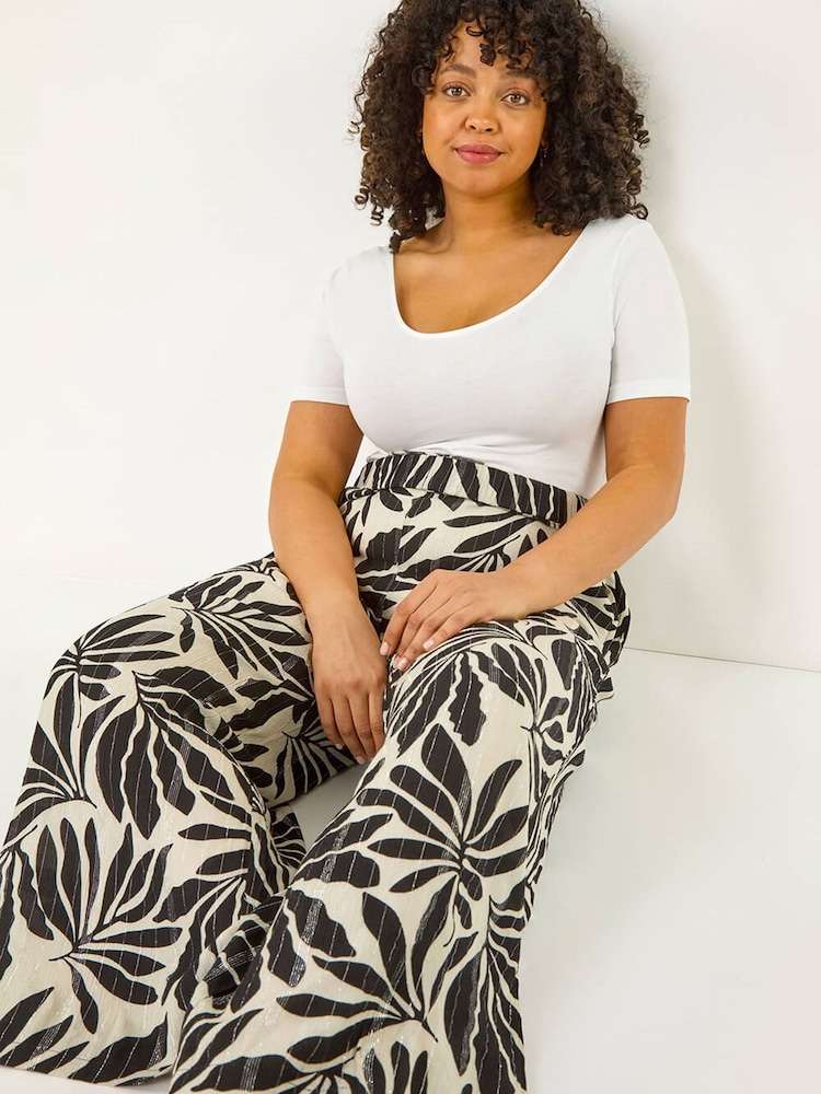 Roman Black Curve Leaf Print Metallic Wide Leg Trousers - Image 1 of 5 Roman Black Curve Leaf Print Metallic Wide Leg Trousers - Image 1 of 5