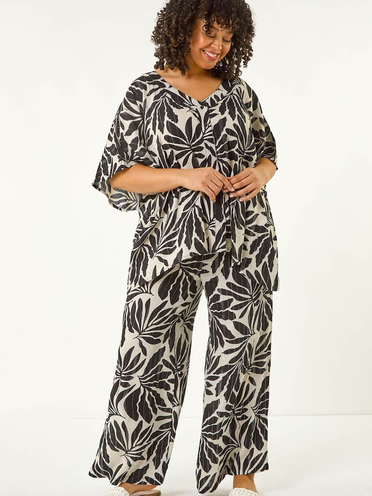 Roman Black Curve Leaf Print Metallic Wide Leg Trousers - Image 2 of 5 Roman Black Curve Leaf Print Metallic Wide Leg Trousers - Image 2 of 5