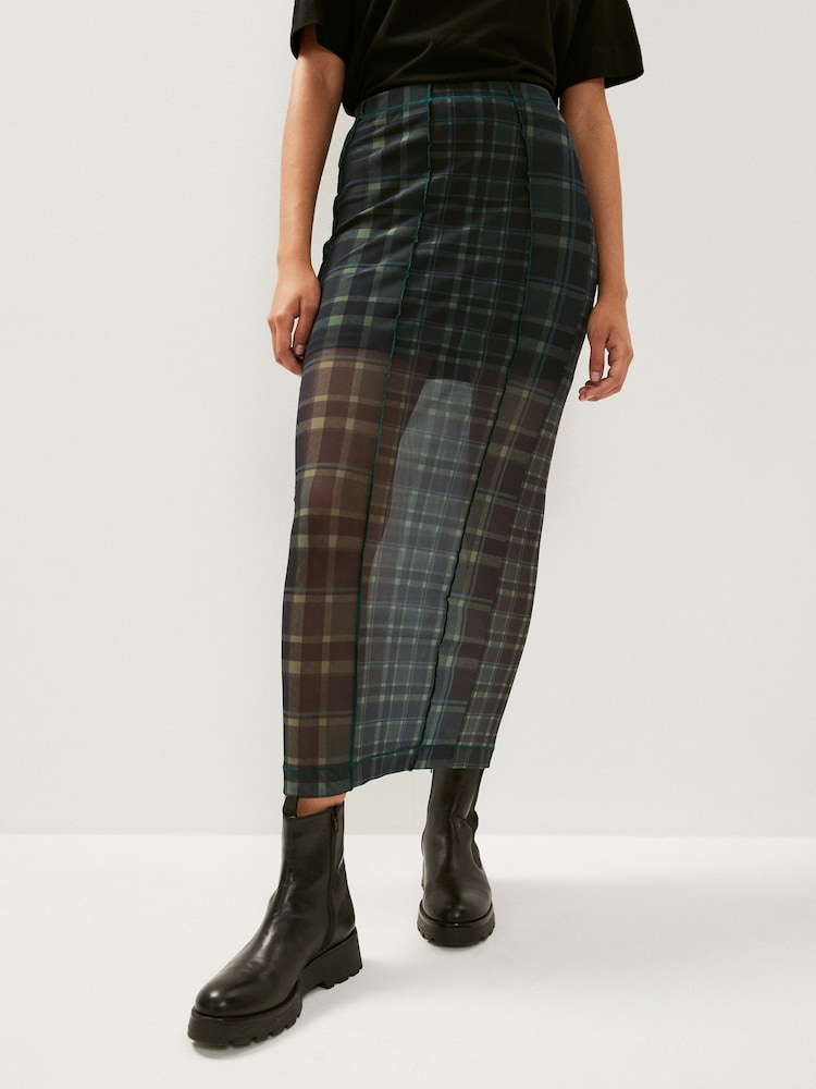 Green Check Mesh Midi Skirt - Image 1 of 6