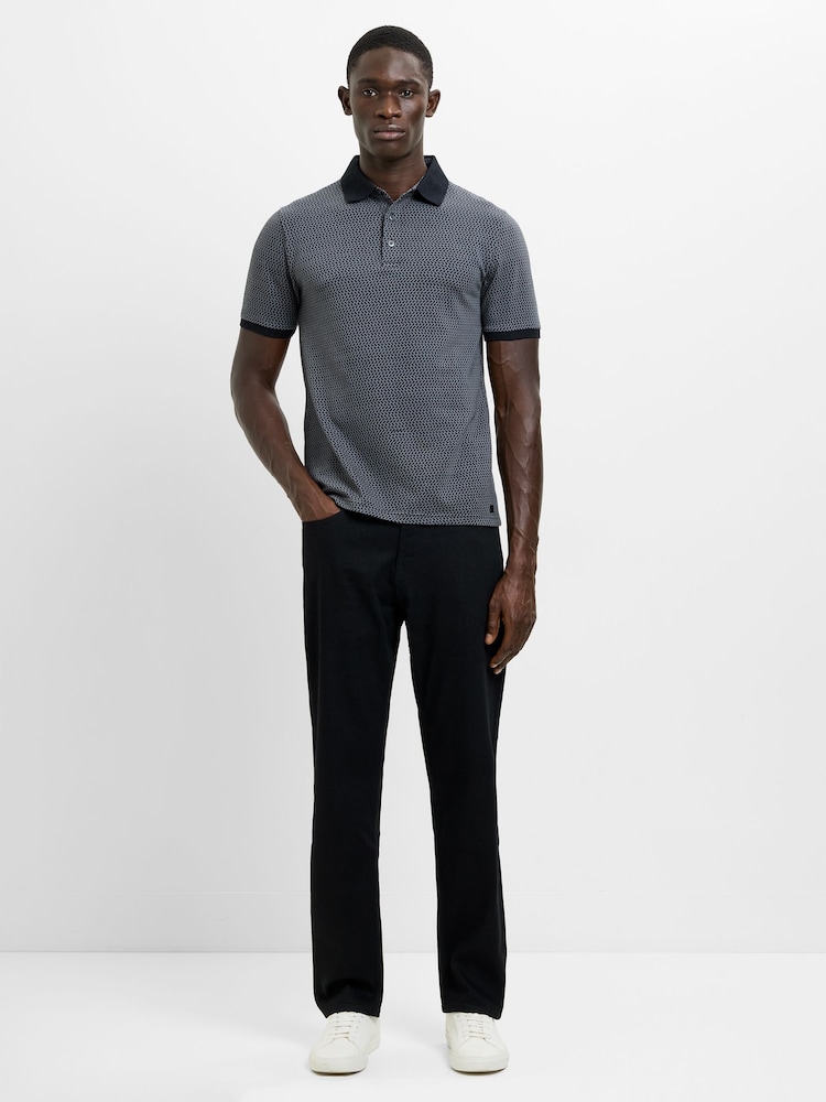 French Connection Black Cotton Geometric Print Short Sleeve Polo Shirt - Image 1 of 6 French Connection Black Cotton Geometric Print Short Sleeve Polo Shirt - Image 1 of 6