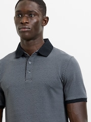 French Connection Black Cotton Geometric Print Short Sleeve Polo Shirt - Image 2 of 6