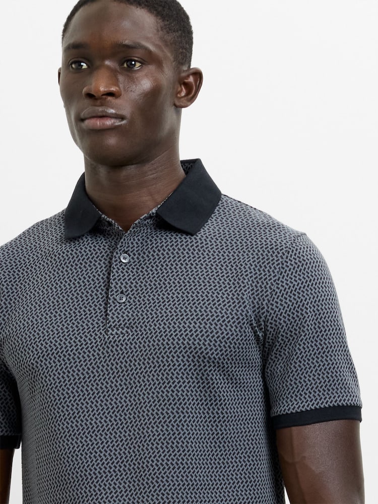 French Connection Black Cotton Geometric Print Short Sleeve Polo Shirt - Image 2 of 6 French Connection Black Cotton Geometric Print Short Sleeve Polo Shirt - Image 2 of 6