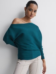 Reiss Teal Lorna Asymmetric Drape Knitted Top - Image 1 of 5