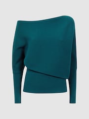 Reiss Teal Lorna Asymmetric Drape Knitted Top - Image 2 of 5
