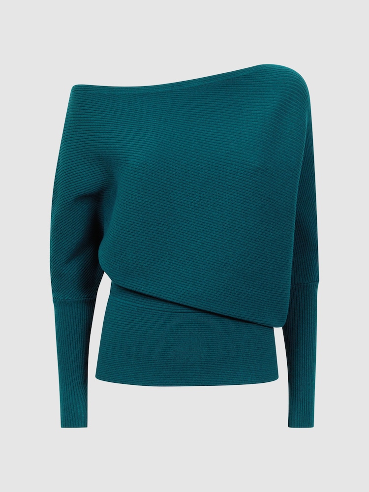 Reiss Teal Lorna Asymmetric Drape Knitted Top - Image 2 of 5
