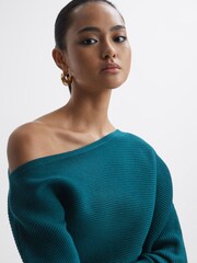 Reiss Teal Lorna Asymmetric Drape Knitted Top - Image 4 of 5