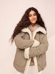 Camel Brown Borg Lined Quilted Jacket - Image 1 of 8