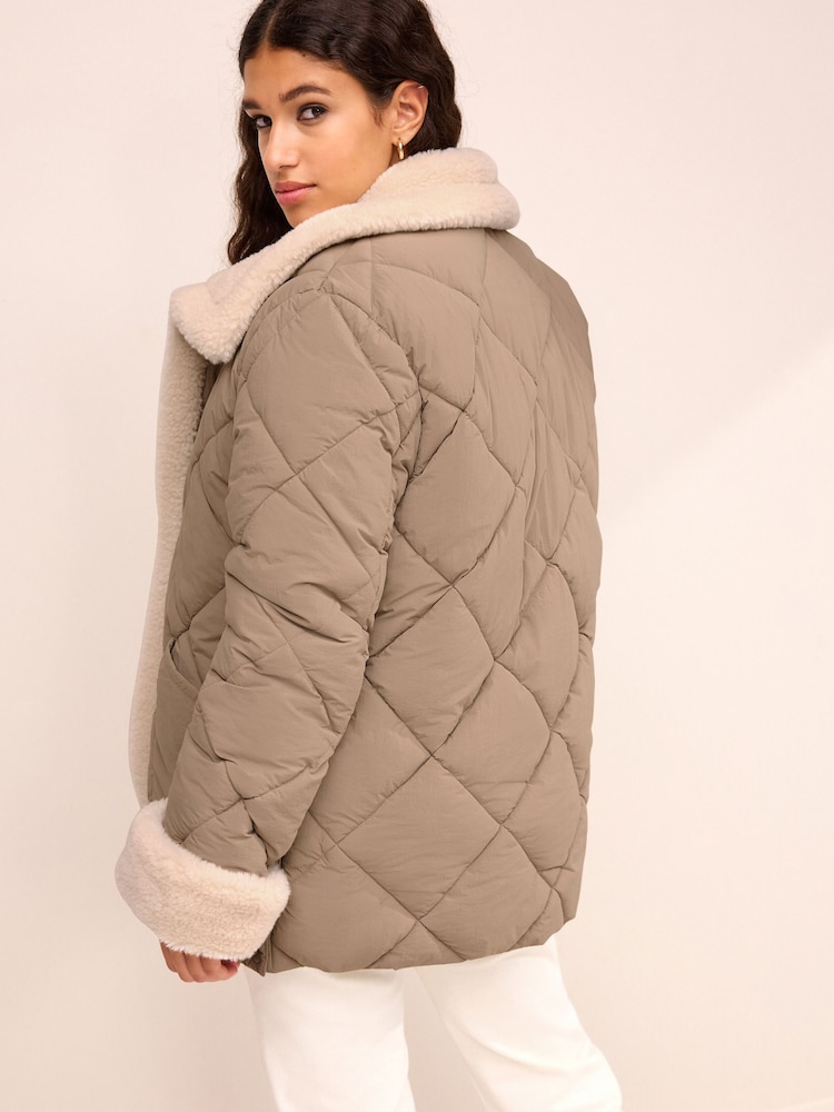 Camel Brown Borg Lined Quilted Jacket - Image 3 of 8