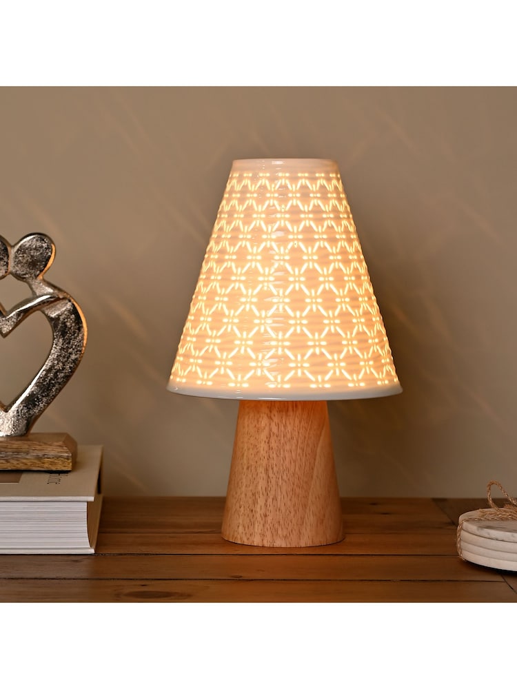 Widdop White Ceramic Table Lamp With Wooden Base - Image 2 of 4 Widdop White Ceramic Table Lamp With Wooden Base - Image 2 of 4