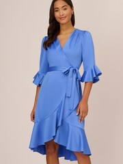Adrianna Papell Blue Satin Faux Wrap Dress - Image 1 of 3
