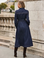 Sosandar Blue Button Front Fit & Flare Denim Dress - Image 3 of 5