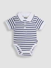 JoJo Maman Bébé White Navy Stripe Short Sleeve Polo Shirt Bodysuit - Image 1 of 3