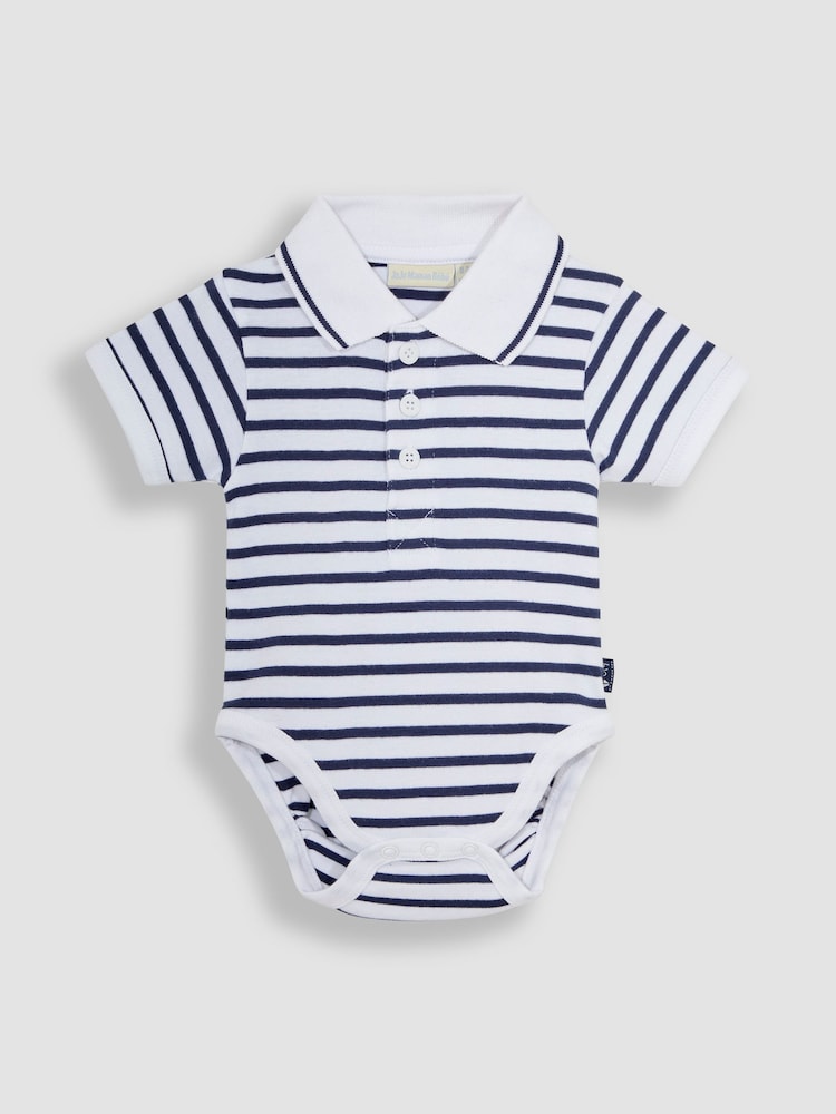 JoJo Maman Bébé White Navy Stripe Short Sleeve Polo Shirt Bodysuit - Image 1 of 3