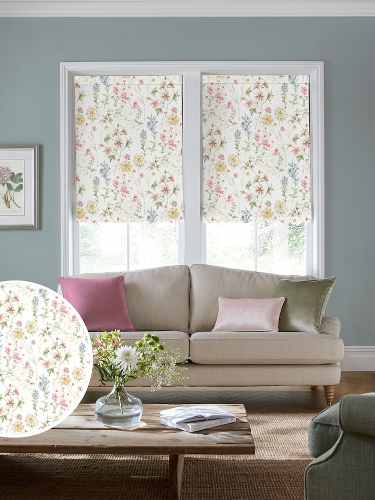 Laura Ashley Coral Pink Wild Meadow Made to Measure 100% Cotton Roman Blinds - Image 1 of 6