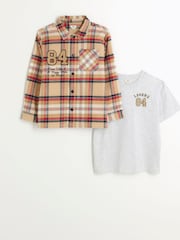River Island Brown Boys Check Overshirt Set - Image 1 of 4
