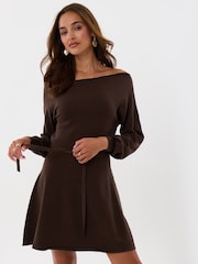 Threadbare Brown Slash Neck Belted Mini Jumper Dress - Image 1 of 5