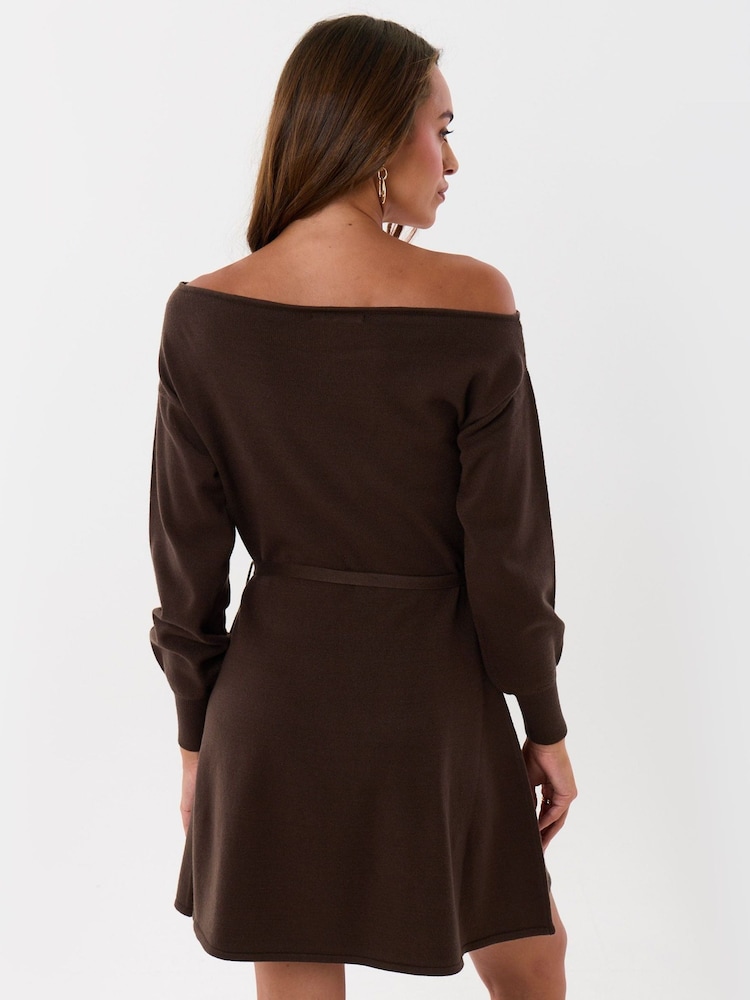 Threadbare Brown Slash Neck Belted Mini Jumper Dress - Image 2 of 5 Threadbare Brown Slash Neck Belted Mini Jumper Dress - Image 2 of 5