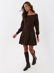 Threadbare Brown Slash Neck Belted Mini Jumper Dress - Image 3 of 5