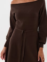Threadbare Brown Slash Neck Belted Mini Jumper Dress - Image 4 of 5