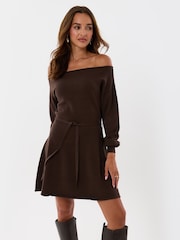 Threadbare Brown Slash Neck Belted Mini Jumper Dress - Image 5 of 5