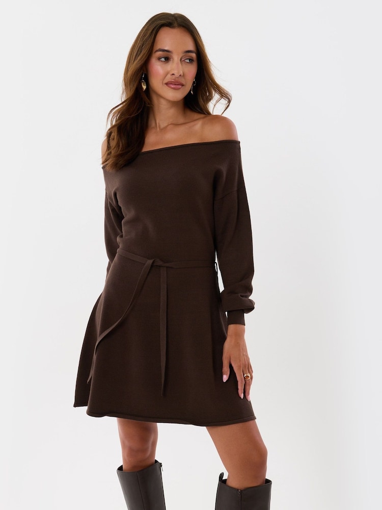 Threadbare Brown Slash Neck Belted Mini Jumper Dress - Image 5 of 5 Threadbare Brown Slash Neck Belted Mini Jumper Dress - Image 5 of 5