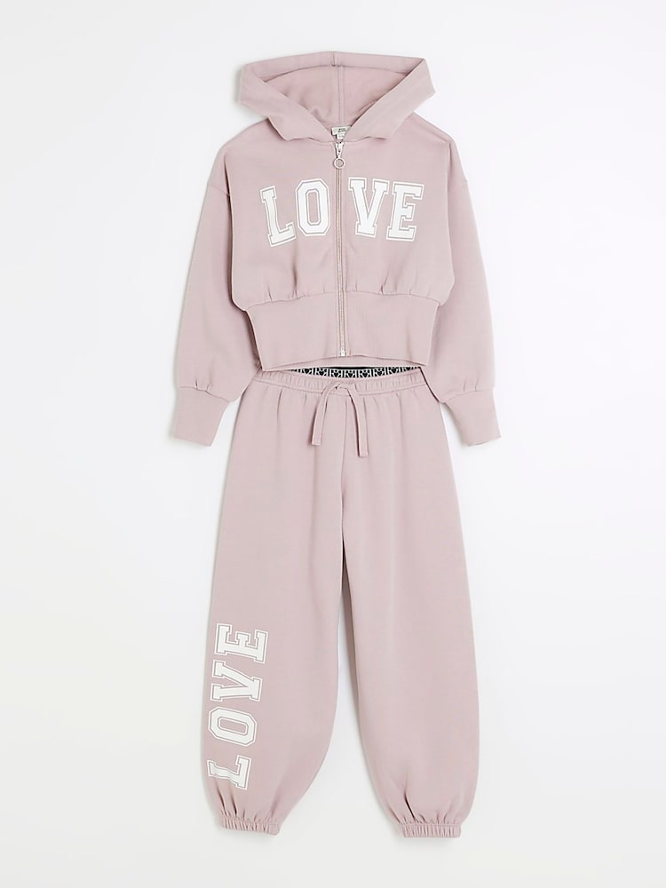 River Island Purple Girls NY Zip 100% Cotton Joggers Set - Image 1 of 5 River Island Purple Girls NY Zip 100% Cotton Joggers Set - Image 1 of 5