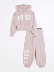 River Island Purple Girls NY Zip 100% Cotton Joggers Set - Image 2 of 5
