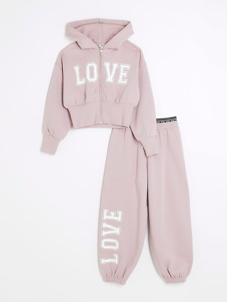 River Island Purple Girls NY Zip 100% Cotton Joggers Set - Image 2 of 5 River Island Purple Girls NY Zip 100% Cotton Joggers Set - Image 2 of 5