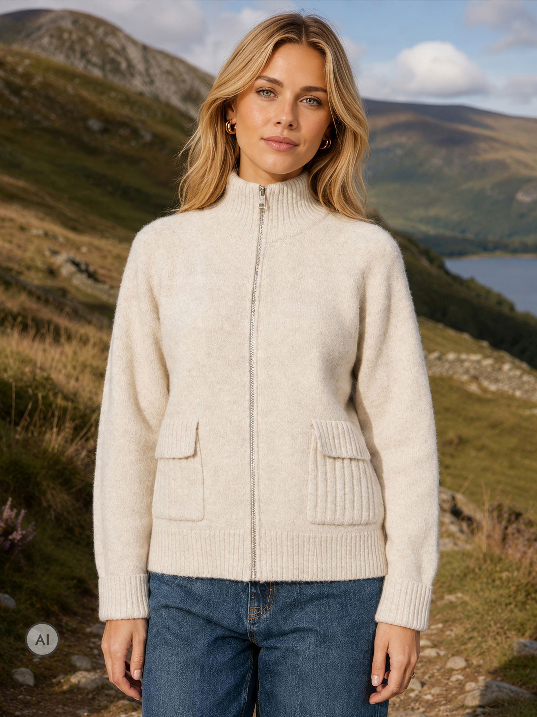 Yumi Women's Cream Zip Up Cardigan