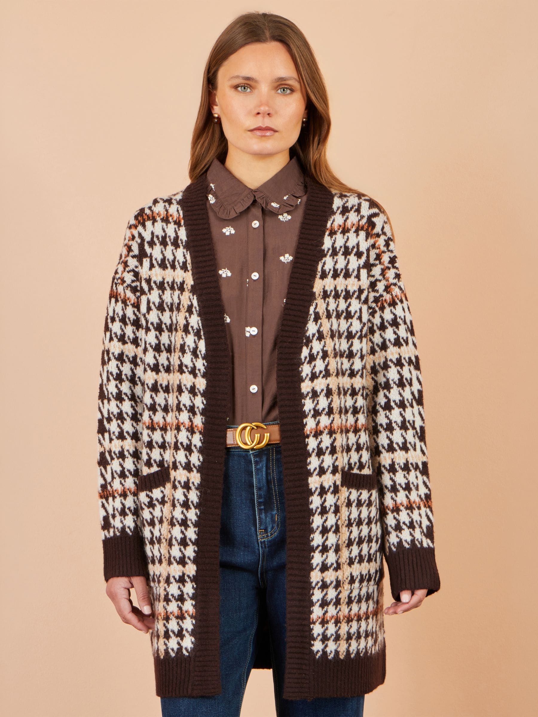 Yumi Women's Brown Knitted Check Long Cardigan