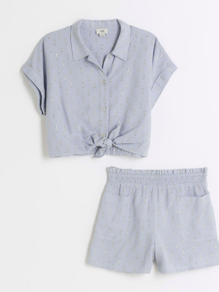 River Island Blue Girls Tie Front Linen 100% Cotton Set - Image 1 of 4 River Island Blue Girls Tie Front Linen 100% Cotton Set - Image 1 of 4