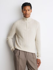 Reiss Parchment Grey Howard Cashmere Cable-Knit Half-Zip Jumper - Image 1 of 6