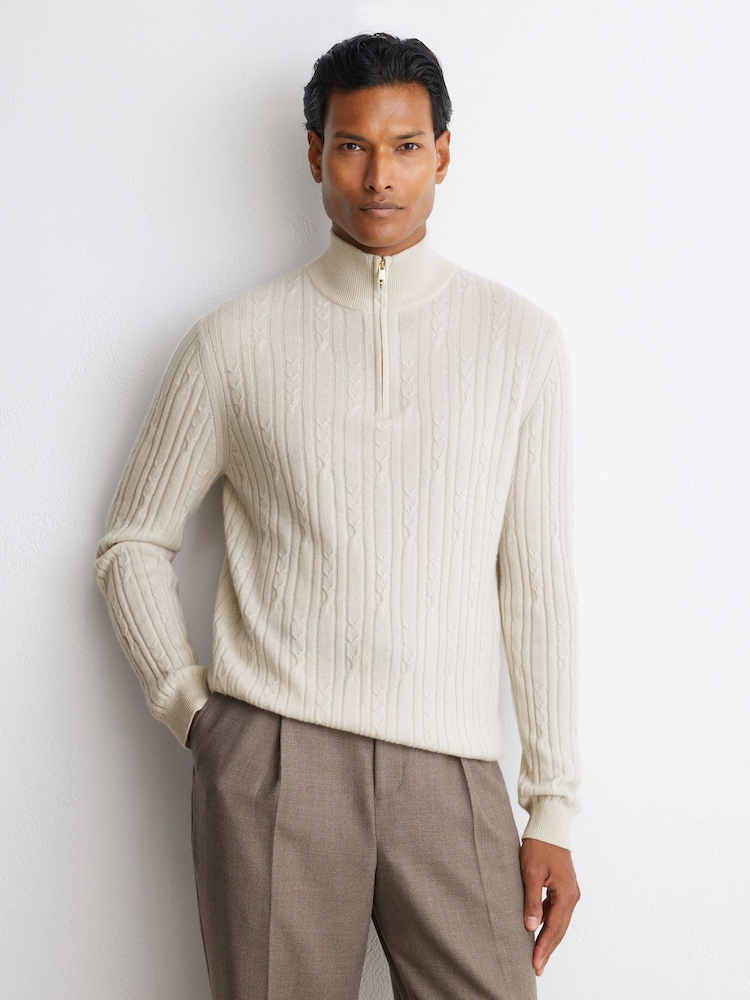 Reiss Parchment Grey Howard Cashmere Cable-Knit Half-Zip Jumper - Image 1 of 6 Reiss Parchment Grey Howard Cashmere Cable-Knit Half-Zip Jumper - Image 1 of 6