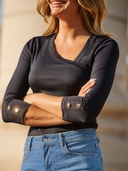 Sosandar Black 3/4 Sleeve Asymmetric Cut Out Detail Top - Image 5 of 5