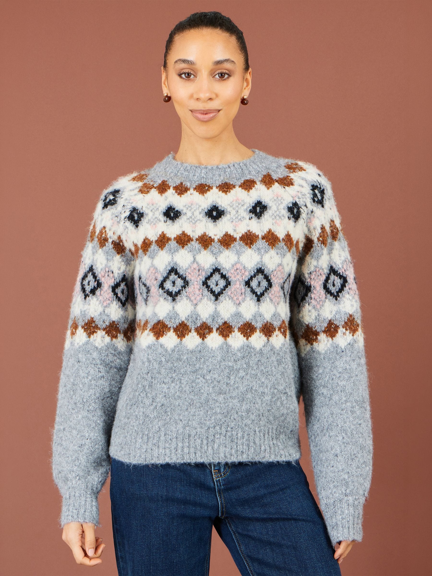 Yumi Women's Light Grey Fairisle Wool Blend Relaxed Jumper In | : Large - Image 5